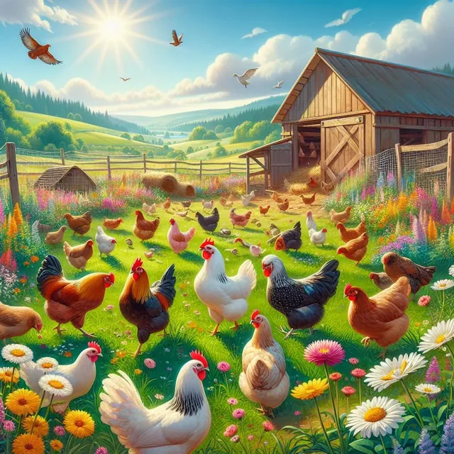 Ilustración editorial de gallinas en un entorno de crianza rural