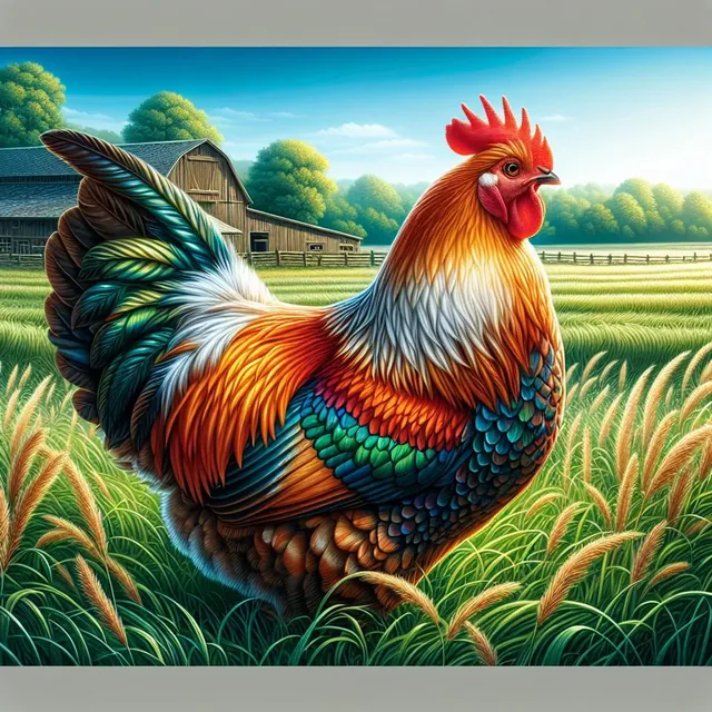 Ilustración editorial de una gallina en paisaje rural