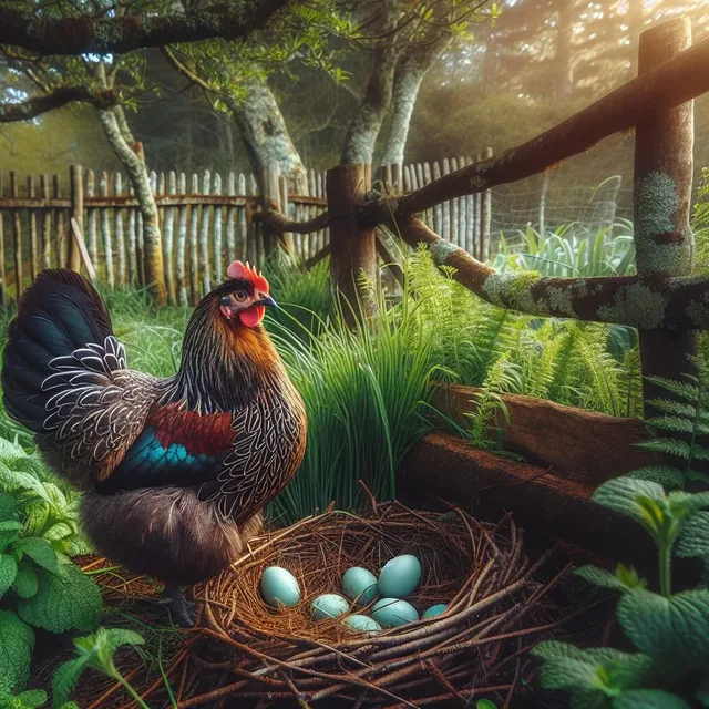 Ilustración editorial de una gallina junto a huevos verde azulados, portada de GallinaAraucana.cl
